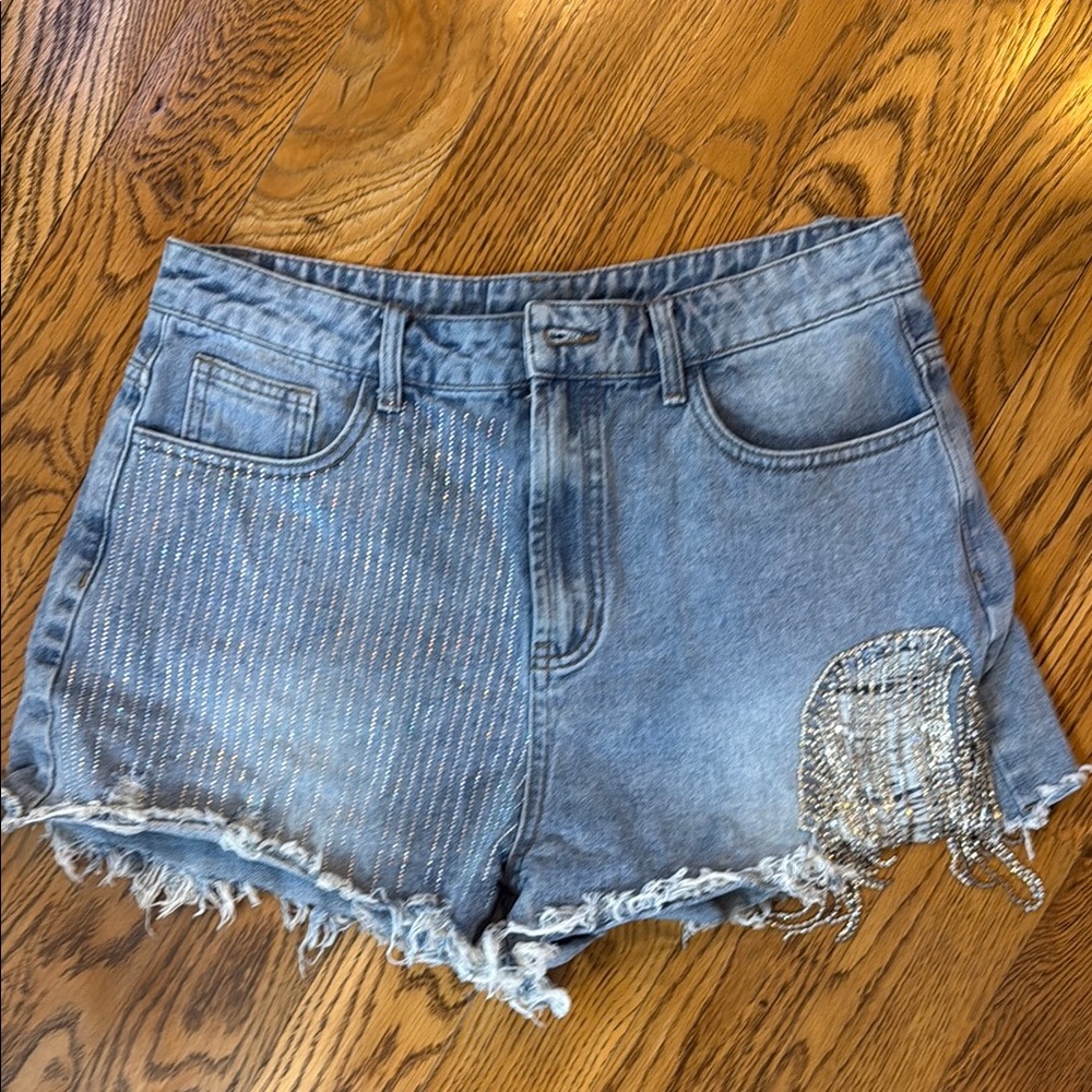 Cider Blue Silver Jean Shorts with Vintage Distressing